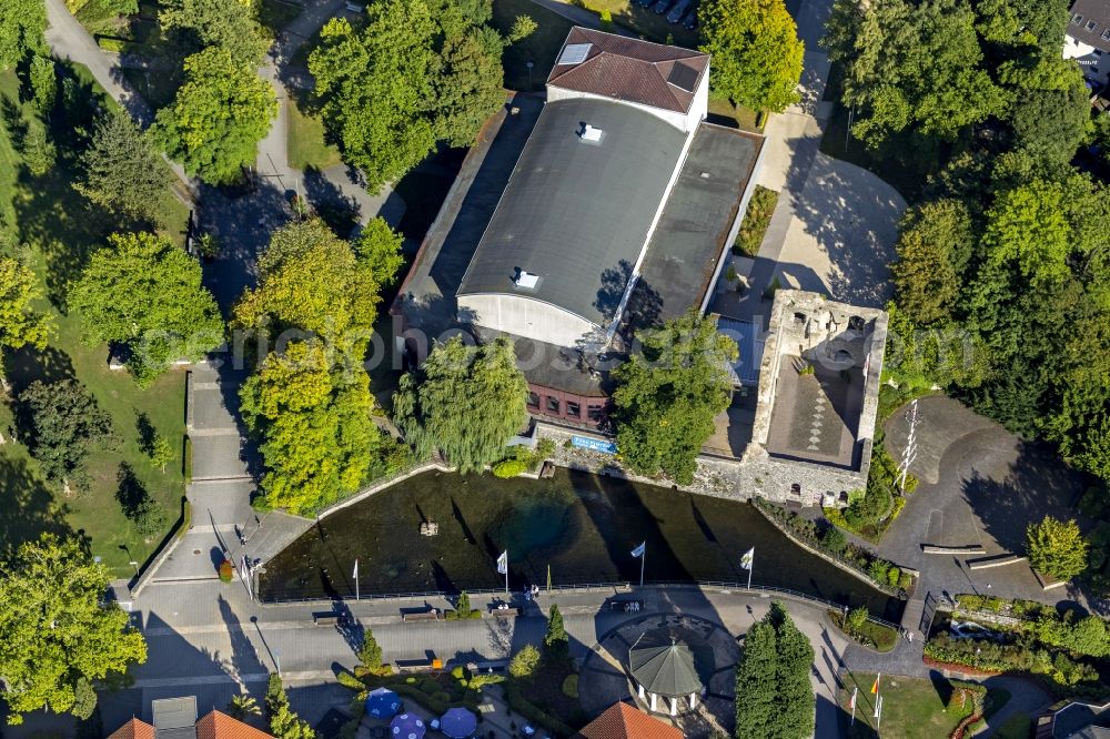 Bad Lippspringe from above - Lip source with Odin's Eye on the castle ruins Bad Lippspringe in the state of North Rhine-Westphalia