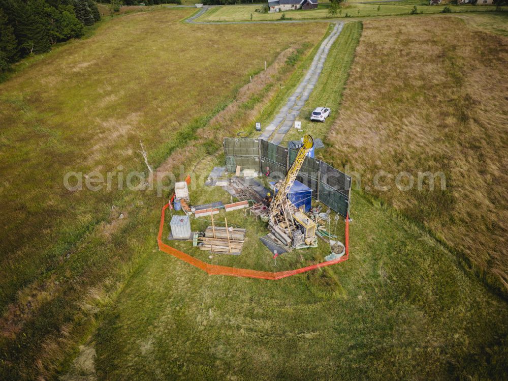 Aerial image Altenberg - In March, Deutsche Lithium GmbH applied for a drilling plan with up to 99 planned wells in the Zinnwald approval field. The largest lithium deposits in Europe are said to be located in and around Zinnwald. In the state of Saxony, Germany