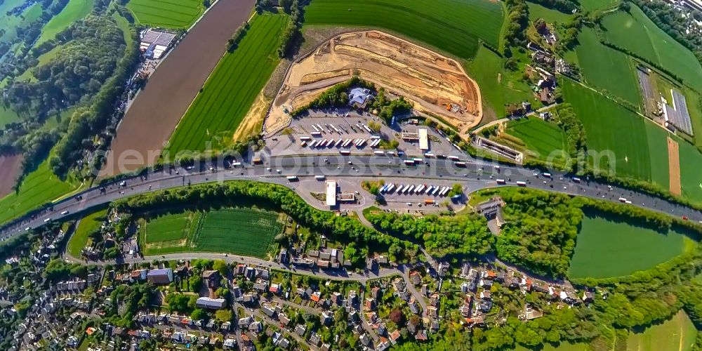 Dortmund from above - Lorries - parking spaces at the highway rest stop and parking of the BAB A 1 Lichtendorf in the district Aplerbeck in Dortmund in the state North Rhine-Westphalia, Germany