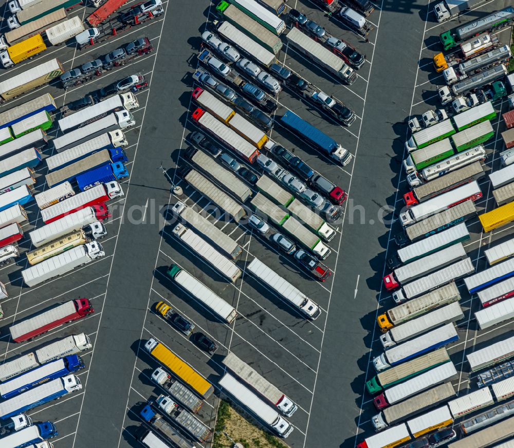 Lippetal from above - Lorries - parking spaces at the highway rest stop and parking of the BAB A 2 Autohof Lippetal on street Straengenbach in Lippetal at Ruhrgebiet in the state North Rhine-Westphalia, Germany