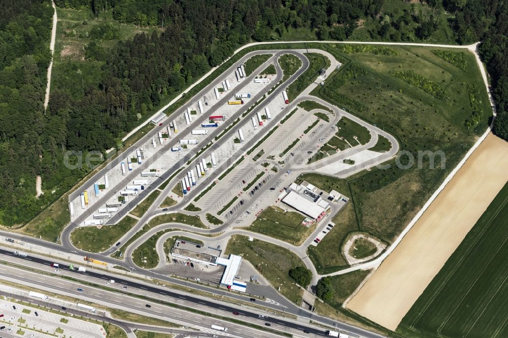 Aerial image Hepberg - Lorries - parking spaces at the highway rest stop and parking of the BAB A 9 in in the state Bavaria, Germany