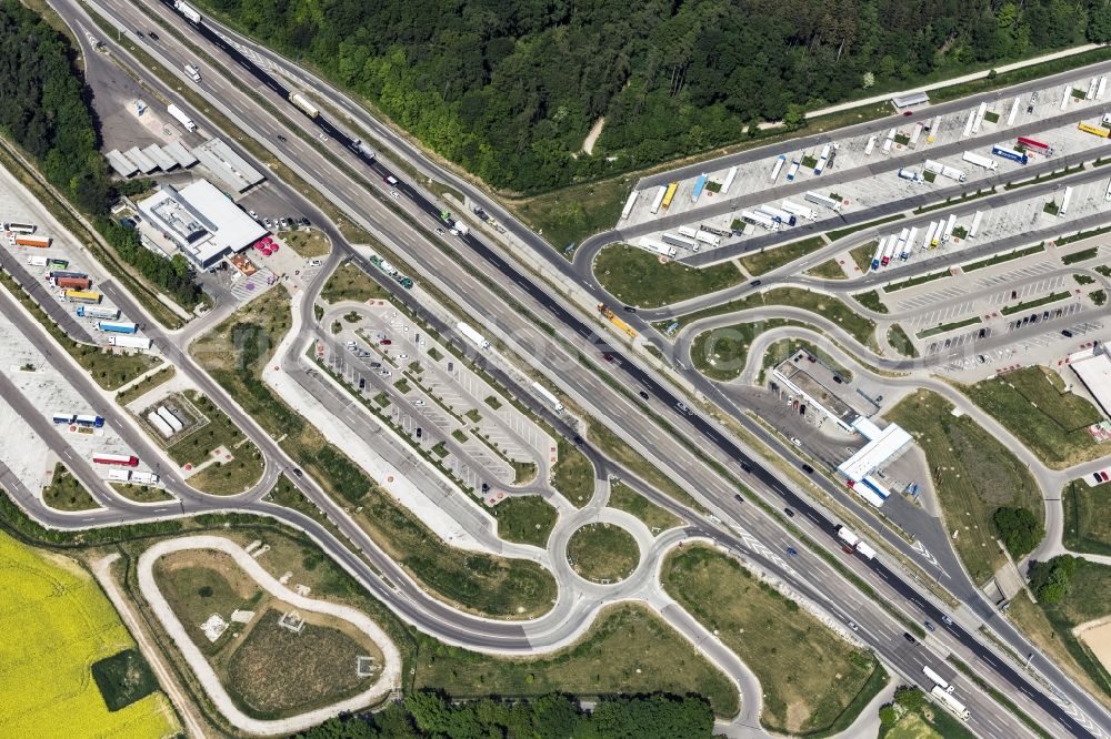 Hepberg from above - Lorries - parking spaces at the highway rest stop and parking of the BAB A 9 in in the state Bavaria, Germany