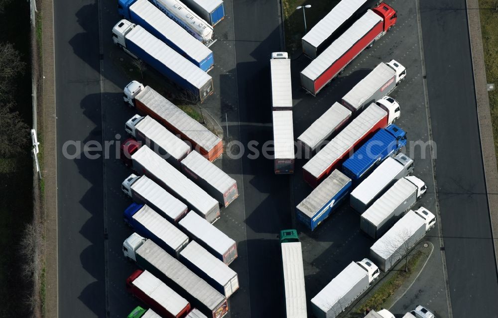 Michendorf from above - Lorries - parking spaces at the highway rest stop and parking of the BAB A 10 Berliner Ring in Michendorf in the state Brandenburg