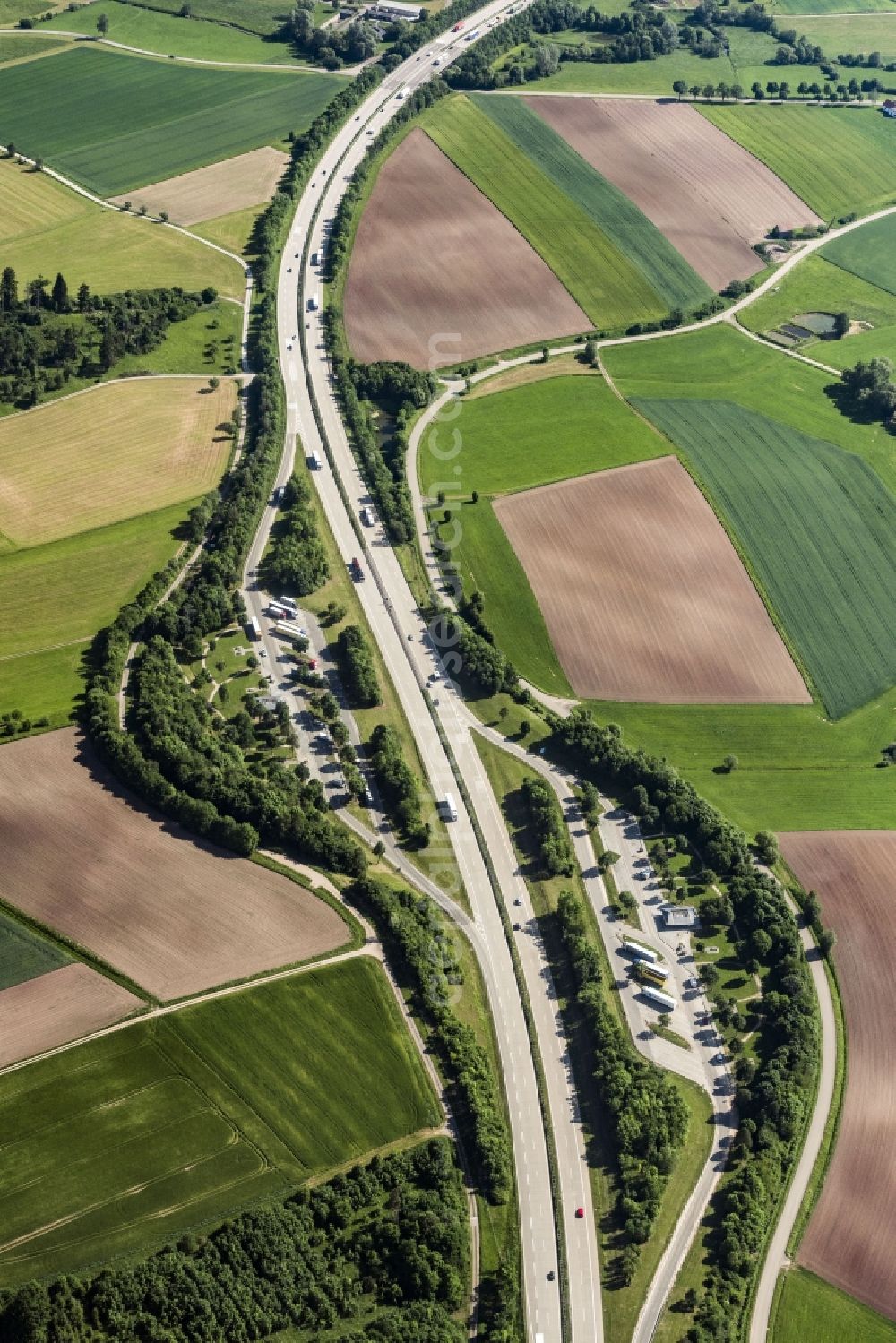 Dinkelsbühl from above - Lorries - parking spaces at the highway rest stop and parking of the BAB A 7 in Dinkelsbuehl in the state Bavaria, Germany