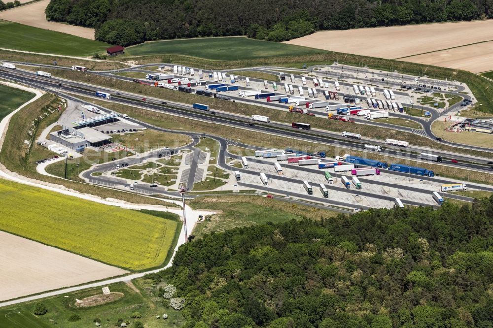 Erlangen from above - Lorries - parking spaces at the highway rest stop and parking of the BAB A 3 in Erlangen in the state Bavaria, Germany