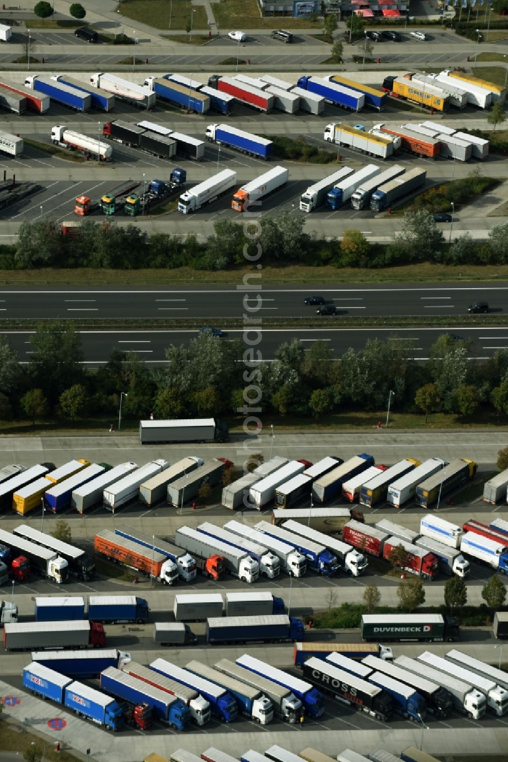 Mittenwalde from above - Lorries - parking spaces at the highway rest stop and parking of the BAB A 10 Am Fichtenplan in Mittenwalde in the state Brandenburg