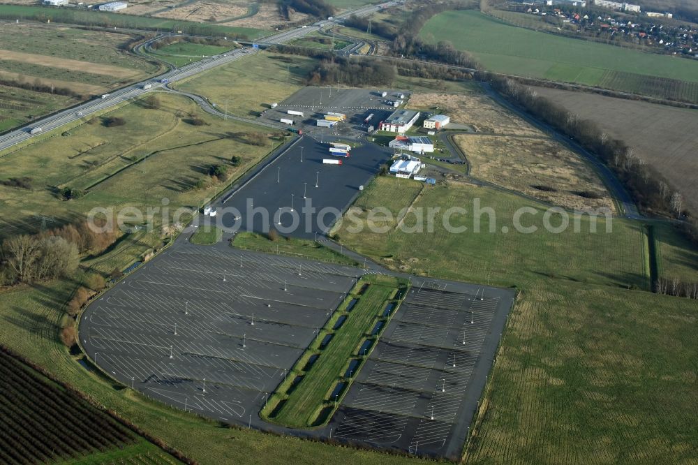 Aerial image Frankfurt (Oder) - Lorries - parking spaces at the highway rest stop and parking of the BAB A A12 in Frankfurt (Oder) in the state Brandenburg