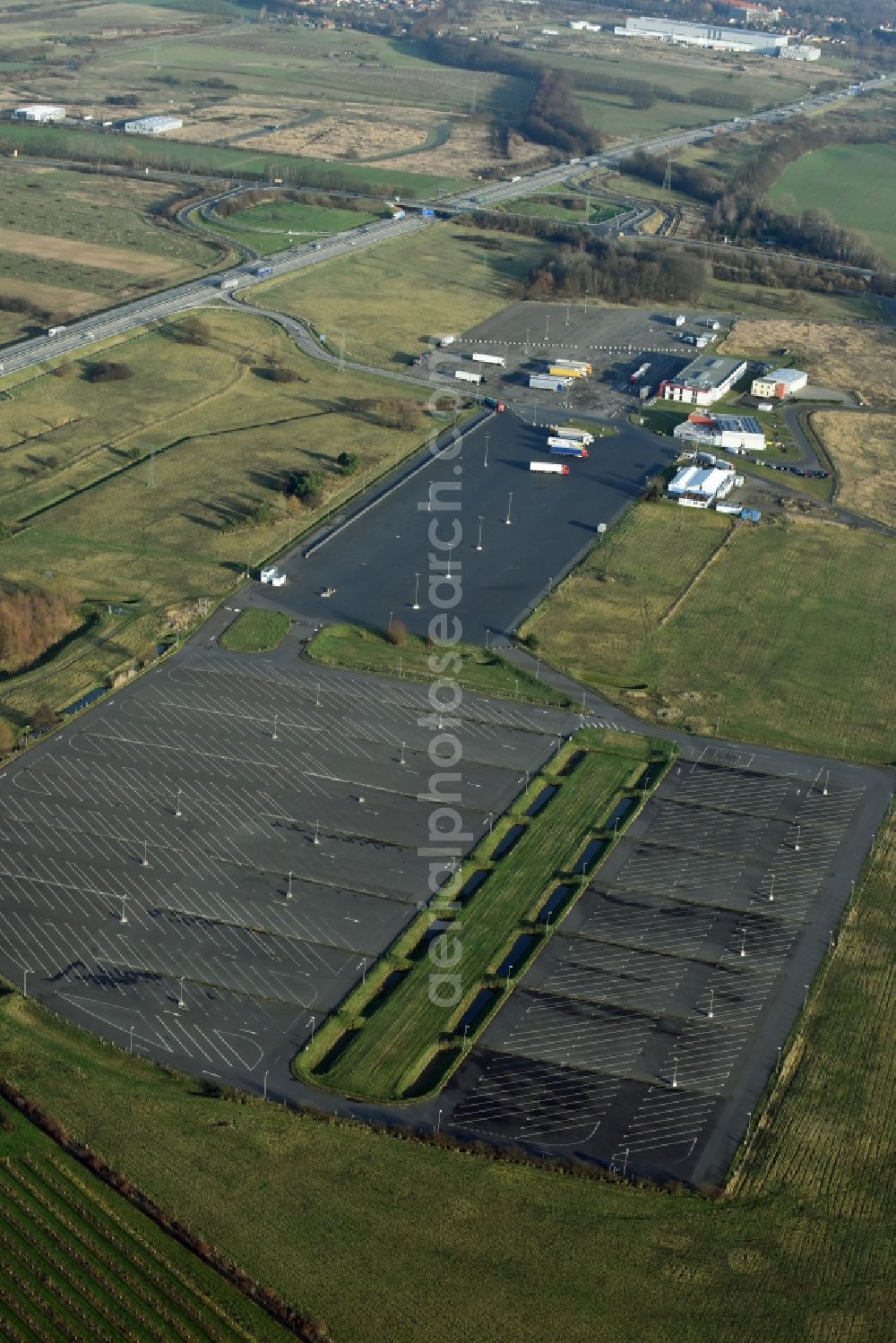 Aerial photograph Frankfurt (Oder) - Lorries - parking spaces at the highway rest stop and parking of the BAB A A12 in Frankfurt (Oder) in the state Brandenburg