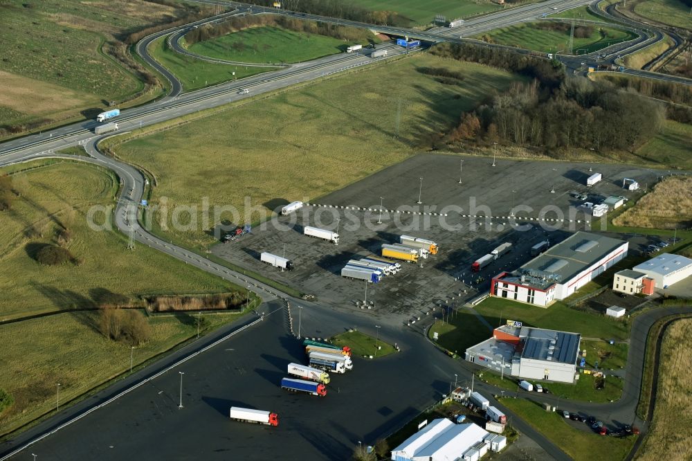 Frankfurt (Oder) from above - Lorries - parking spaces at the highway rest stop and parking of the BAB A A12 in Frankfurt (Oder) in the state Brandenburg