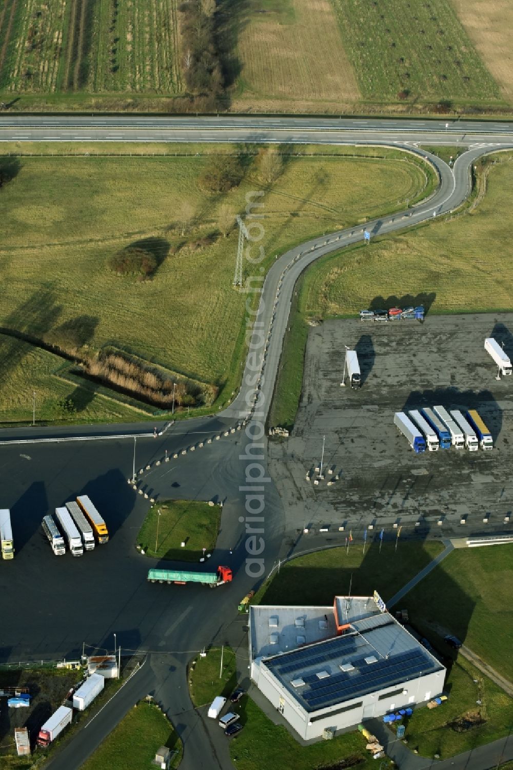 Frankfurt (Oder) from the bird's eye view: Lorries - parking spaces at the highway rest stop and parking of the BAB A A12 in Frankfurt (Oder) in the state Brandenburg