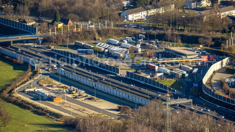 Aerial photograph Fuhlenbrock - Lorries - parking spaces at the highway rest stop and parking of the BAB A 2 in Fuhlenbrock at Ruhrgebiet in the state North Rhine-Westphalia, Germany