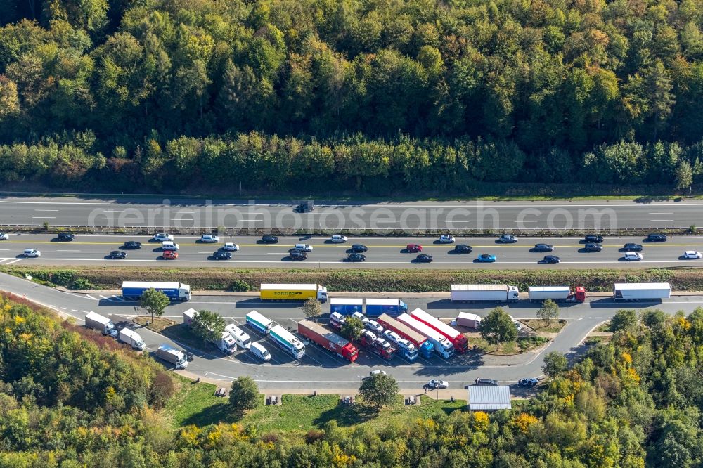 Hagen from above - Lorries - parking spaces at the highway rest stop and parking of the BAB A 1 in Hagen in the state North Rhine-Westphalia, Germany