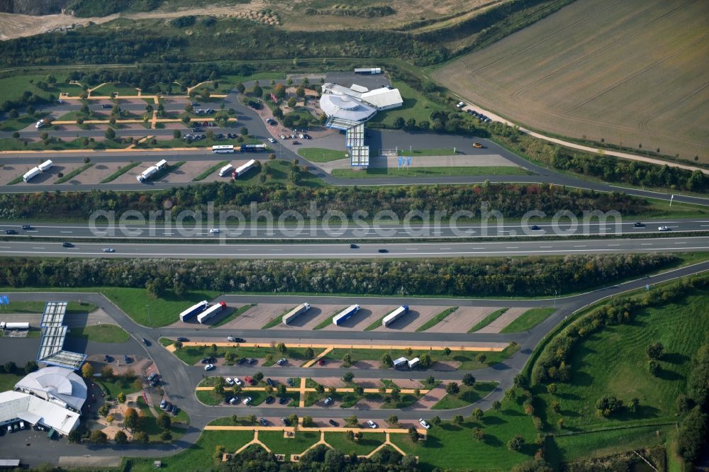 Plaaz from the bird's eye view: Lorries - parking spaces at the highway rest stop and parking of the BAB A 19 in Plaaz in the state Mecklenburg - Western Pomerania, Germany