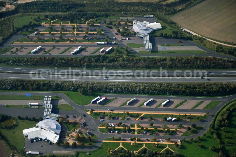 Aerial image Plaaz - Lorries - parking spaces at the highway rest stop and parking of the BAB A 19 in Plaaz in the state Mecklenburg - Western Pomerania, Germany