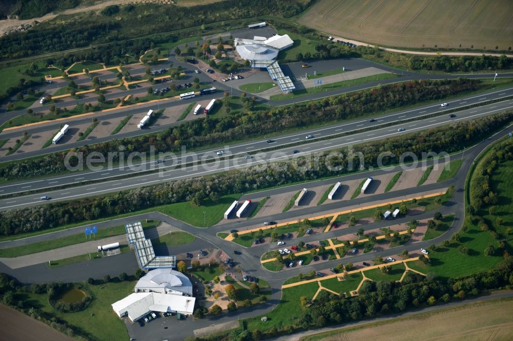 Aerial photograph Plaaz - Lorries - parking spaces at the highway rest stop and parking of the BAB A 19 in Plaaz in the state Mecklenburg - Western Pomerania, Germany