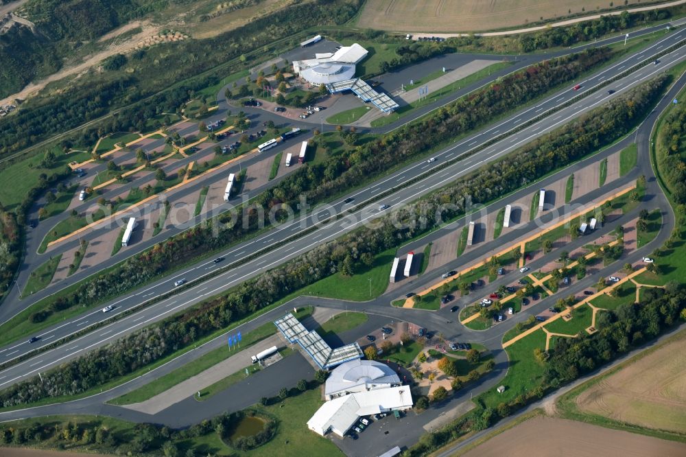 Plaaz from above - Lorries - parking spaces at the highway rest stop and parking of the BAB A 19 in Plaaz in the state Mecklenburg - Western Pomerania, Germany