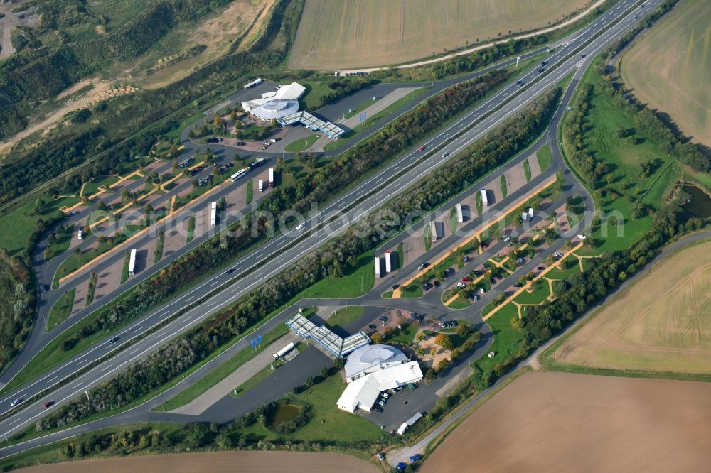 Plaaz from the bird's eye view: Lorries - parking spaces at the highway rest stop and parking of the BAB A 19 in Plaaz in the state Mecklenburg - Western Pomerania, Germany