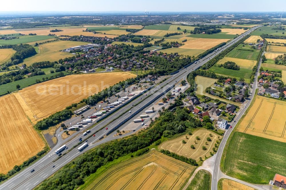 Aerial image Vellern - Lorries - parking spaces at the highway rest stop and parking of the BAB A 2 in Vellern in the state North Rhine-Westphalia, Germany