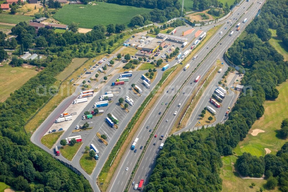 Gelsenkirchen from above - Lorries and Truck storage areas and free-standing storage BAB A4 Rasthof Resser Mark on Brauckstrasse in the district Gelsenkirchen-Ost in Gelsenkirchen in the state North Rhine-Westphalia, Germany