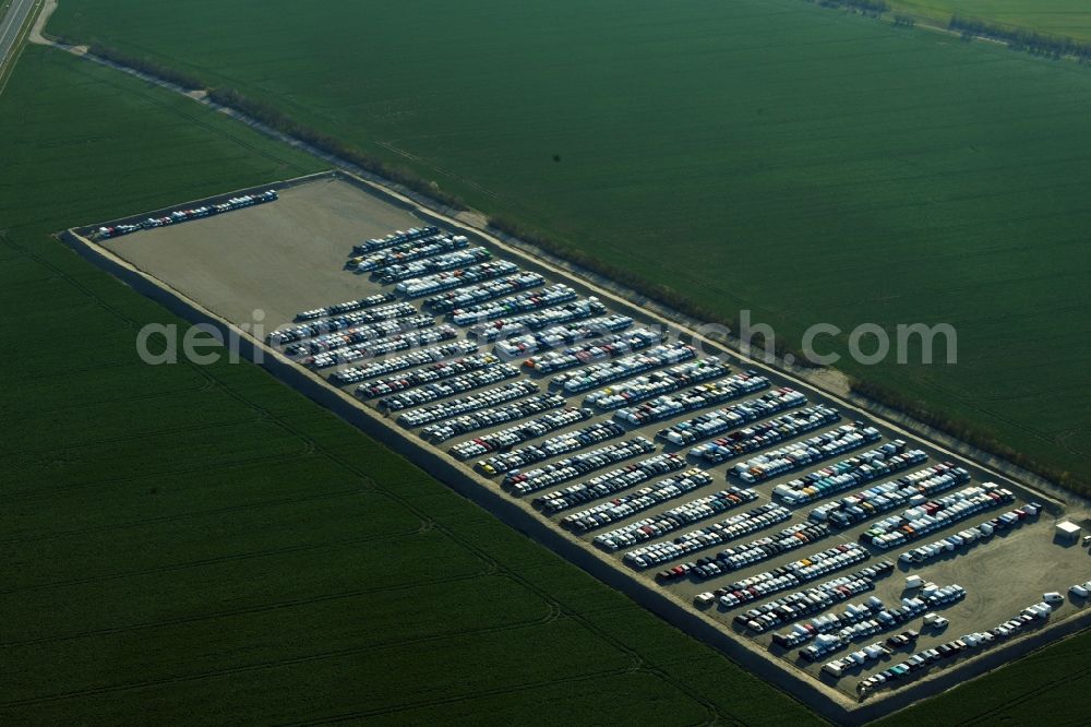 Salzfurtkapelle from above - Lorries and Truck storage areas and free-standing storage along the B6n in Salzfurtkapelle in the state Saxony-Anhalt, Germany