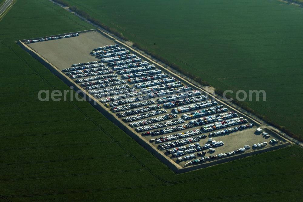 Aerial image Salzfurtkapelle - Lorries and Truck storage areas and free-standing storage along the B6n in Salzfurtkapelle in the state Saxony-Anhalt, Germany