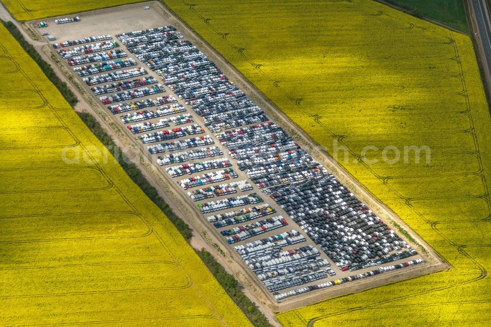 Aerial image Salzfurtkapelle - Lorries and Truck storage areas and free-standing storage along the B6n in Salzfurtkapelle in the state Saxony-Anhalt, Germany