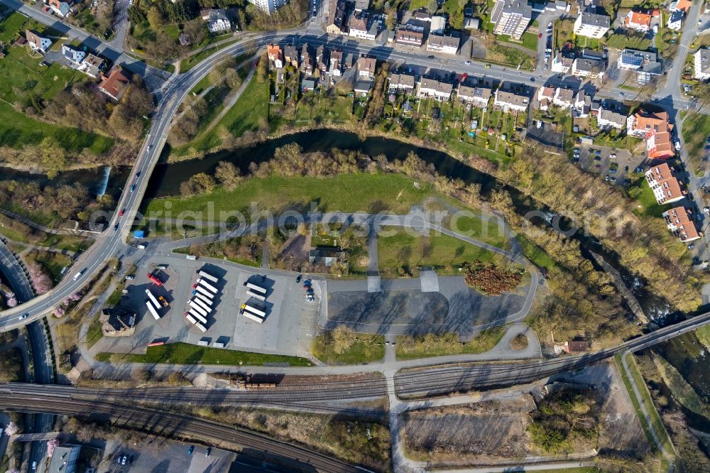 Arnsberg from above - Truck shelves and fairground on the Arnsberger road in Arnsberg in the state of North Rhine-Westphalia, Germany