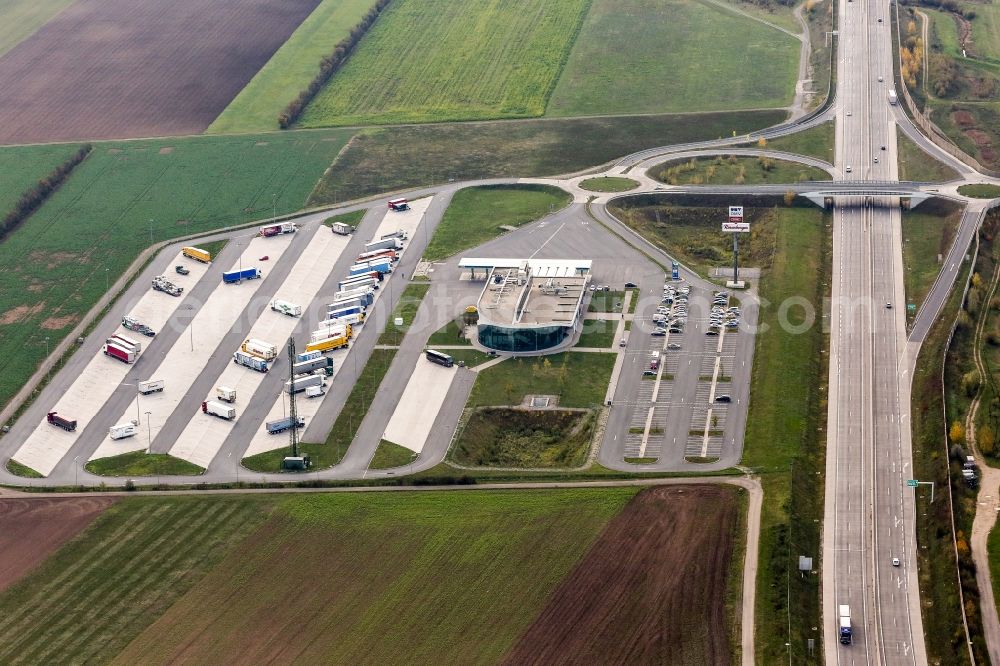 Deutsch-Wagram from above - Lorries - parking spaces at the highway rest stop and parking of the highway S1 in Deutsch-Wagram in Lower Austria, Austria