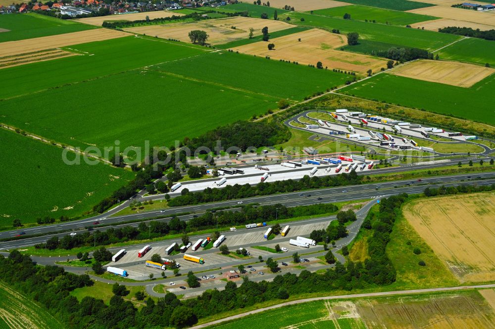 Aerial image Bantorf - Lorries - parking spaces at the highway rest stop and parking of the BAB A 2 - Rastplatz Bueckethaler Knick Sued in Bantorf in the state Lower Saxony, Germany