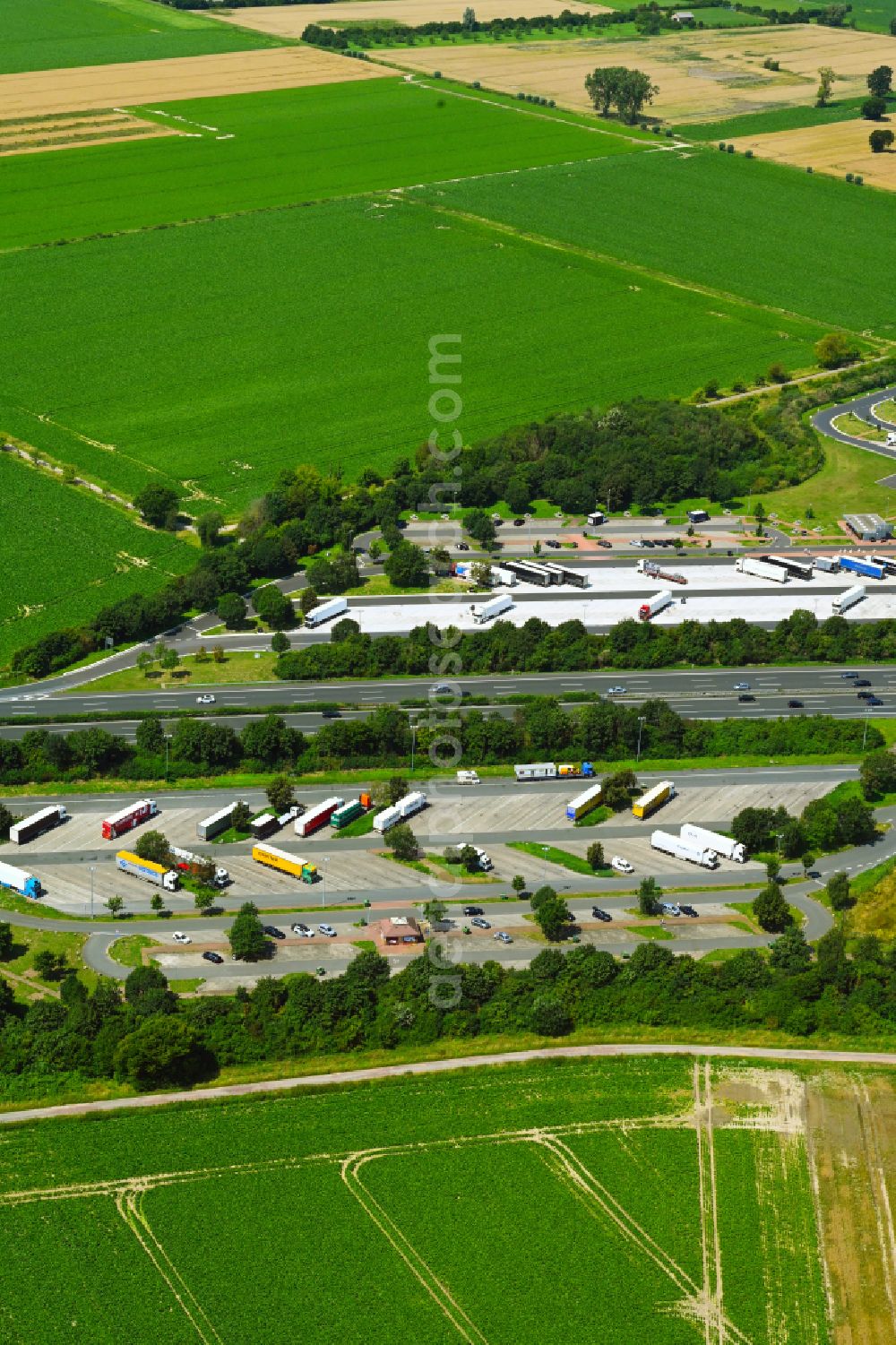 Aerial photograph Bantorf - Lorries - parking spaces at the highway rest stop and parking of the BAB A 2 - Rastplatz Bueckethaler Knick Sued in Bantorf in the state Lower Saxony, Germany