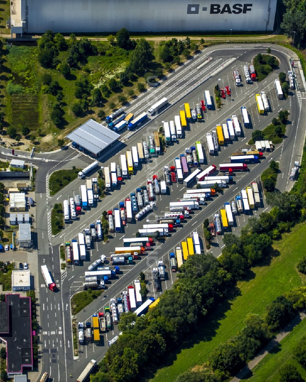 Ludwigshafen am Rhein from above - Truck car park and parking area on the premises of BASF AG in Ludwigshafen am Rhein in Rhineland-Palatinate