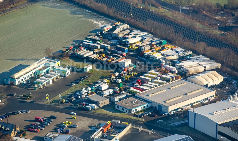 Hamm from above - Truck dealership building and area of Daniel Konegen with numerous trucks and its neighbor Bronk building materials trade in Hamm in the state North Rhine-Westphalia