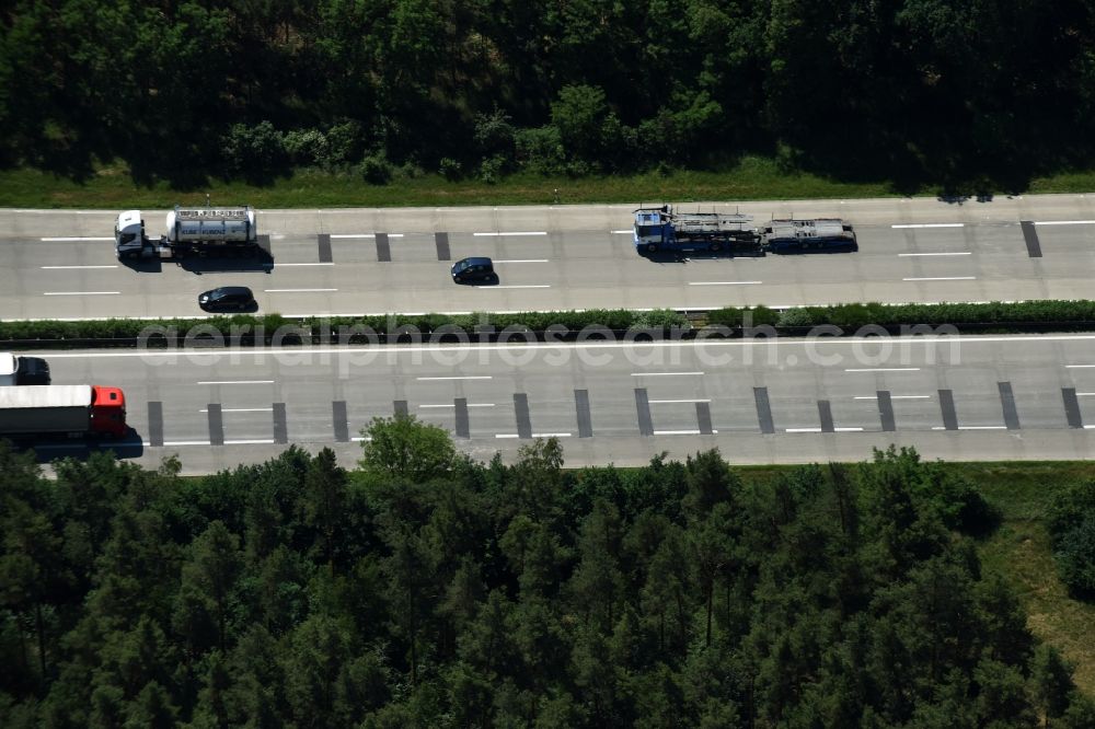 Nahmitz from the bird's eye view: Lorries freight by road along the Highway BAB A2 in Nahmitz in the state Brandenburg