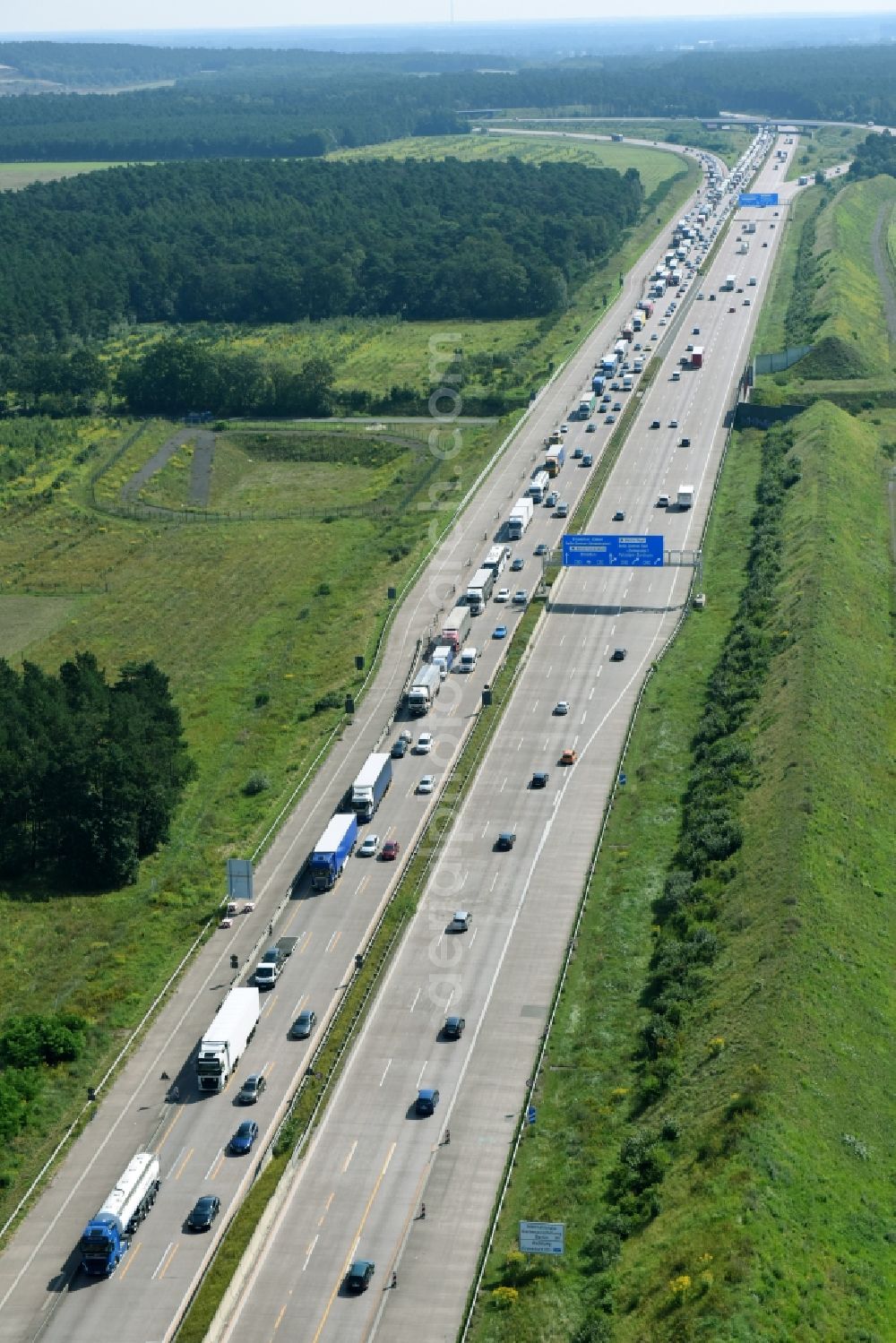 Aerial photograph Michendorf - Lorries freight by road along the federal highway and motorway A10 in Michendorf in the state Brandenburg, Germany