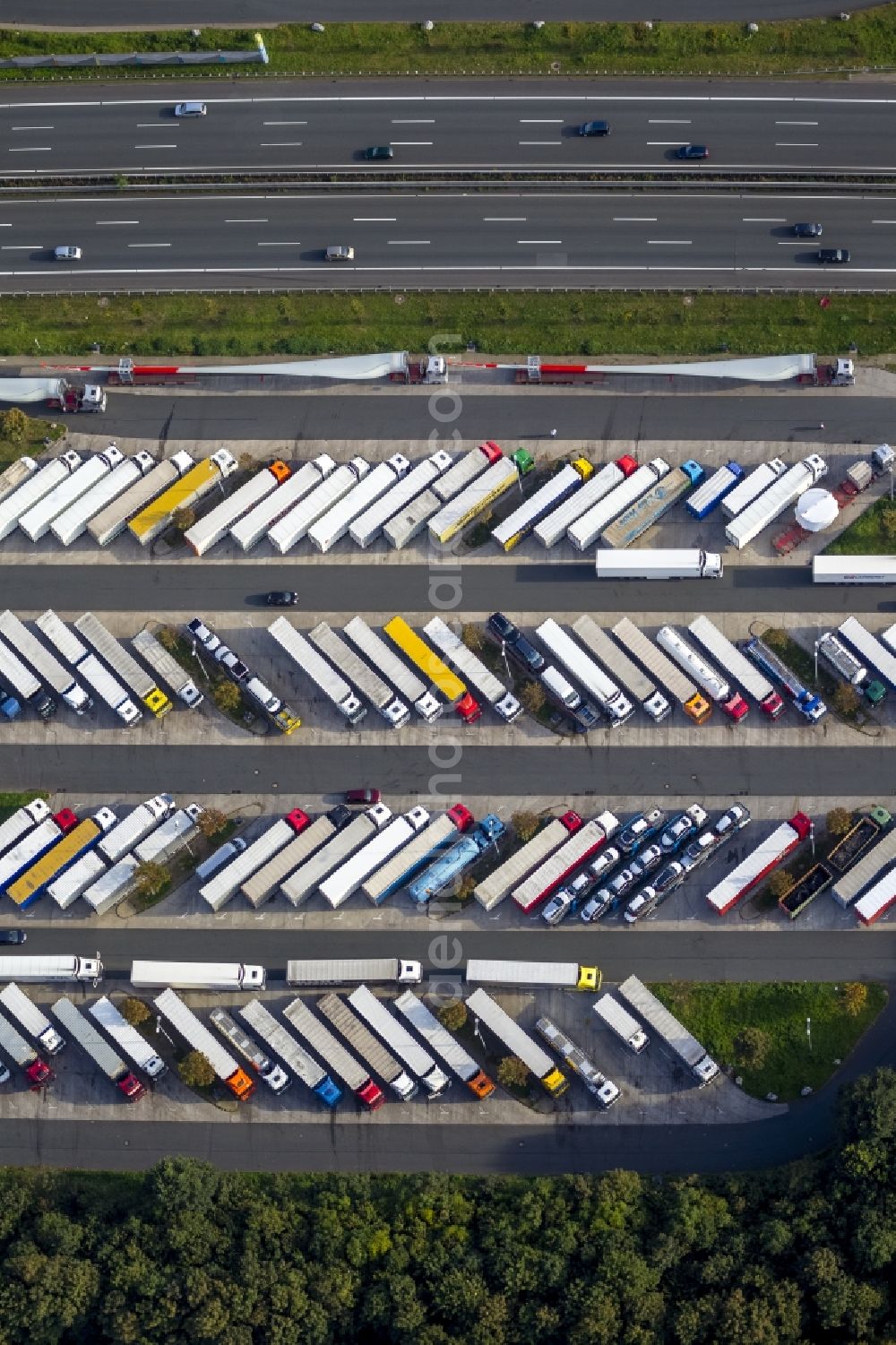 Hamm OT Rhynern from above - View of the truck parking area in the district of Rhynern in Hamm in the state North Rhine-Westphalia