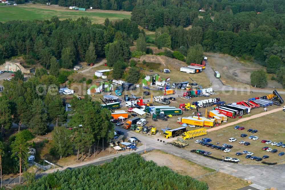 Finowfurt from above - Truck meeting Truck meets Airbase on the open spaces Finowfurt on Museumstrasse in Finowfurt in the Schorfheide in the federal state of Brandenburg, Germany