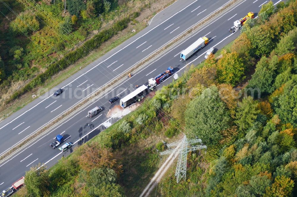 Nörten-Hardenberg from above - Traffic accident with highway traffic jam on the route of Autobahn A7 in Noerten-Hardenberg in the state Lower Saxony, Germany