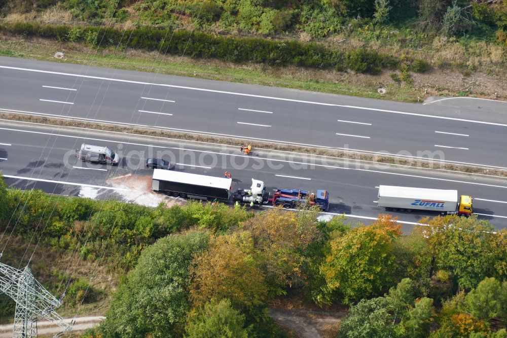 Nörten-Hardenberg from the bird's eye view: Traffic accident with highway traffic jam on the route of Autobahn A7 in Noerten-Hardenberg in the state Lower Saxony, Germany