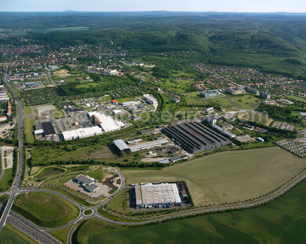 Blankenburg (Harz) from above - Industrial and commercial area on the edge of agricultural fields and fields in Blankenburg (Harz) in the state Saxony-Anhalt, Germany