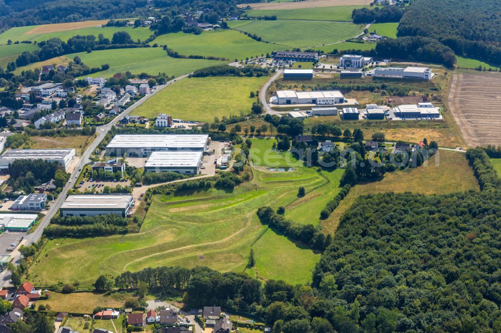 Ennepetal from above - Industrial and commercial area on the edge of agricultural fields and fields in Ennepetal in the state North Rhine-Westphalia, Germany