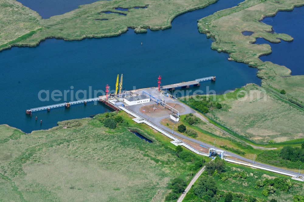 Aerial image Rostock - Water bridge with line systems of the LNG natural gas and liquid gas terminal and unloading quay in the district Peez in Rostock at the baltic sea coast in the state Mecklenburg - Western Pomerania, Germany