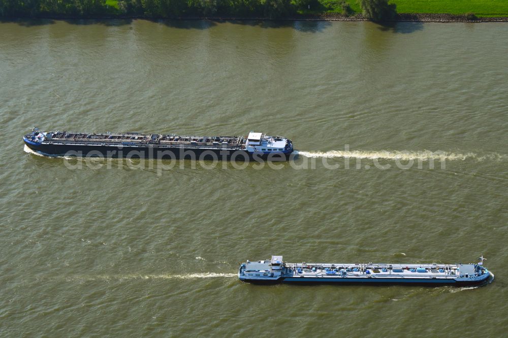 Kalkar from above - LNG liquid gas tanker - special vessel in operation on the river Rhine in Kalkar in the federal state of North Rhine-Westphalia, Germany