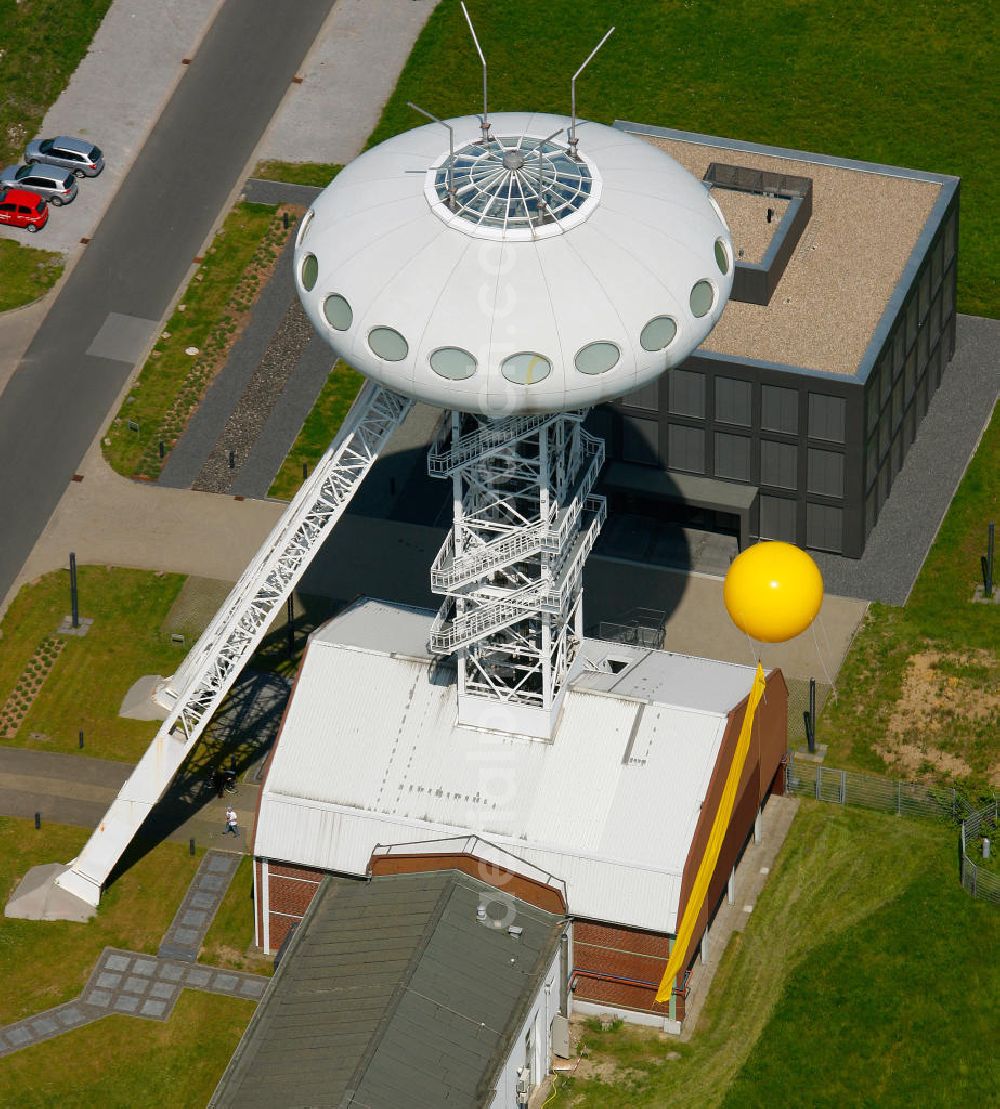 Aerial image Lünen - Der Lüntec-Tower auch Colani-Ei genannt im Zeche Minister Achenbach einem ehemaligen Steinkohlen-Bergwerk in Lünen in Nordrhein-Westfalen. The Lüntec-Tower called Colani-Ei in coal mine Minister Achenbach a former coal mine in Luenen in North Rhine-Westphalia.