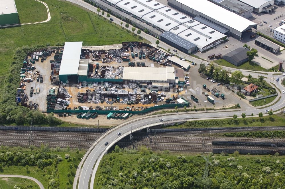 Aerial photograph Neu-Ulm - Logistics yard of the scrap - recycling sorting plant Karl Karletshofer GmbH in Neu-Ulm in the state Bavaria, Germany