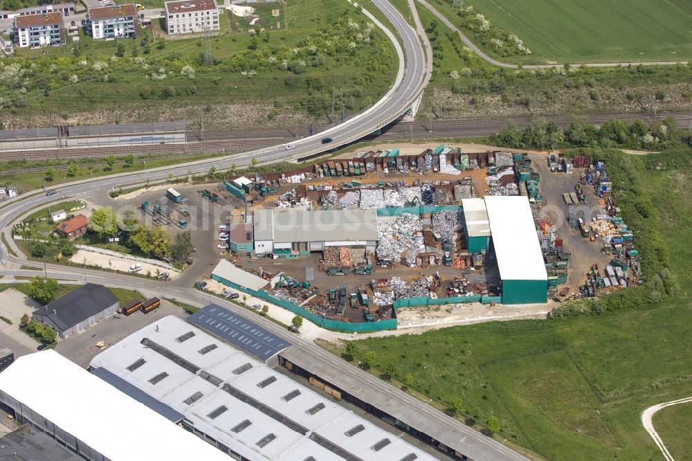 Neu-Ulm from above - Logistics yard of the scrap - recycling sorting plant Karl Karletshofer GmbH in Neu-Ulm in the state Bavaria, Germany