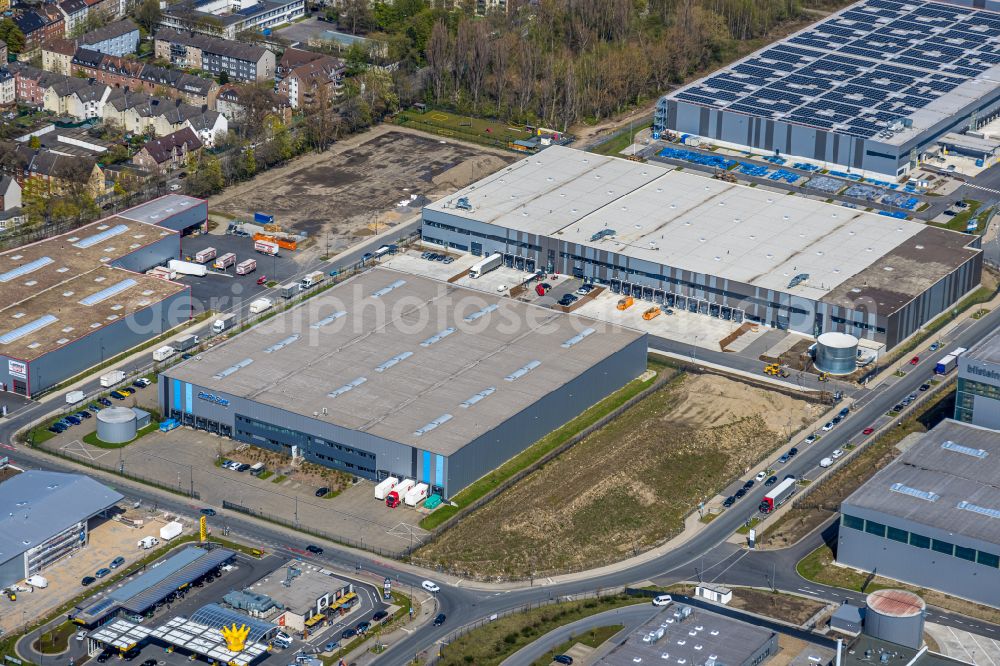 Gelsenkirchen from above - Logistics center of Professional Retail Service GmbH in the commercial area on Europastrasse in Gelsenkirchen in the Ruhr area in the state of North Rhine-Westphalia, Germany