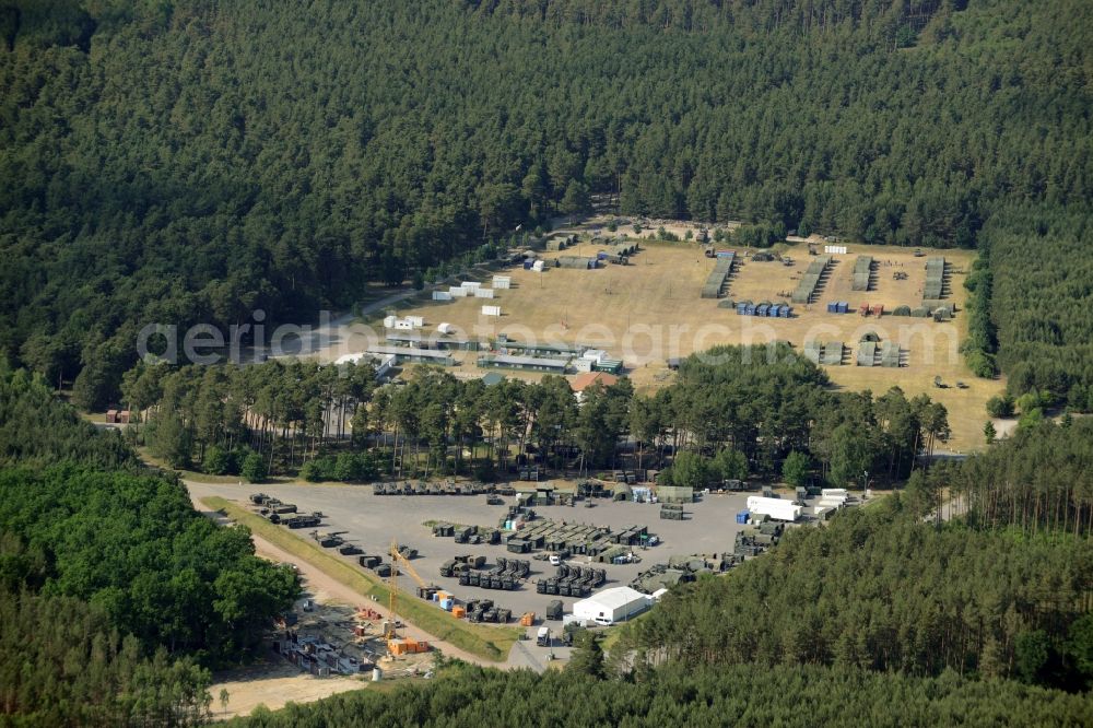 Kleinwudicke from the bird's eye view: Logistics center and camp at the military training ground of the german army Bundeswehr in Kleinwudicke in the state Brandenburg