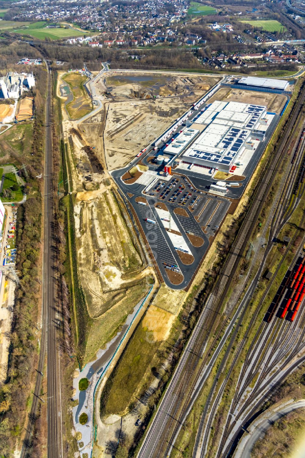 Dortmund from above - Building complex on the site of the logistics center REWE DORTMUND Grosshandel eG on Rueschebrinkstrasse in the district Westfalenhuette in Dortmund at Ruhrgebiet in the state North Rhine-Westphalia, Germany