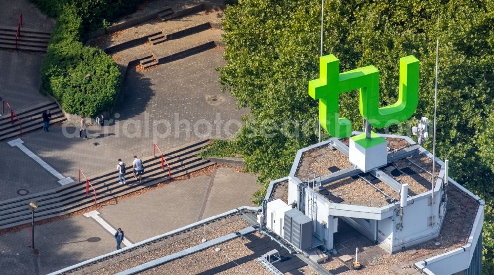 Aerial photograph Dortmund - The green logo of the University of Technology Dortmund on the campus of the university in Dortmund in the federal state North Rhine-Westphalia