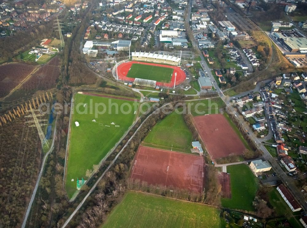 Bochum from the bird's eye view: Olympic base with sports halls and boarding school at Lohrheidestadion located in Bochum Wattenscheid district in North Rhine-Westphalia